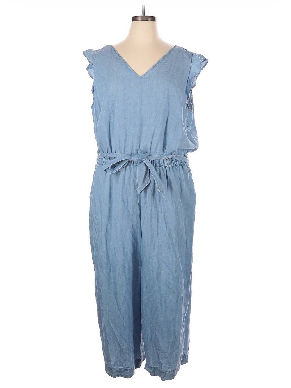 LOFT Light Blue Sleeveless Chambray Jumpsuit with Tie Waist